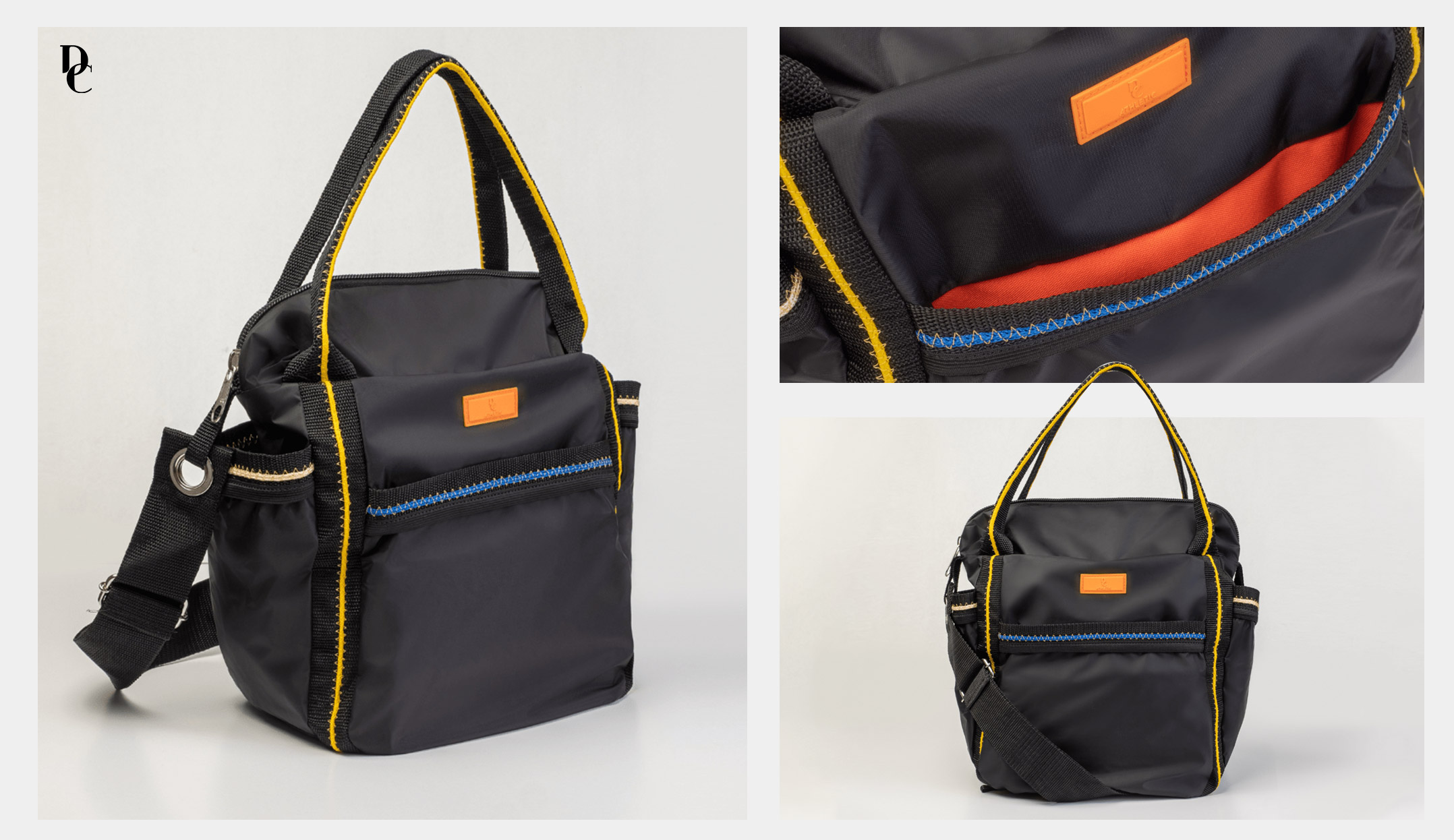 bolsa fitness preta espaçosa com detalhes e bolsos coloridos internamente