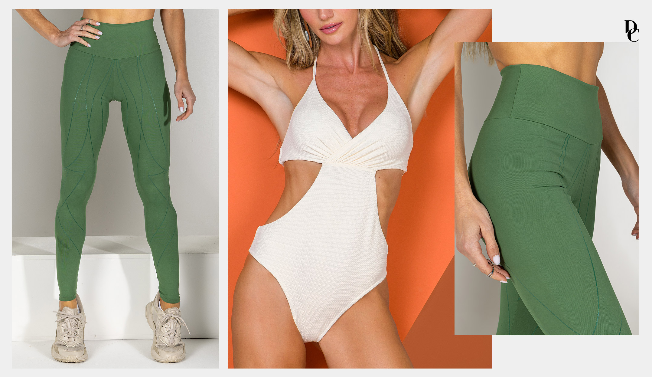 sugestão de look fitness com calça legging verde combinando com maiô branco com recortes modernos