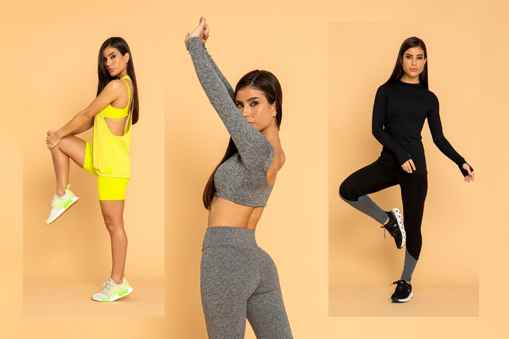 Mulher em diversas poses usando combinações de roupa para yoga montadas com as peças fitness da De Chelles