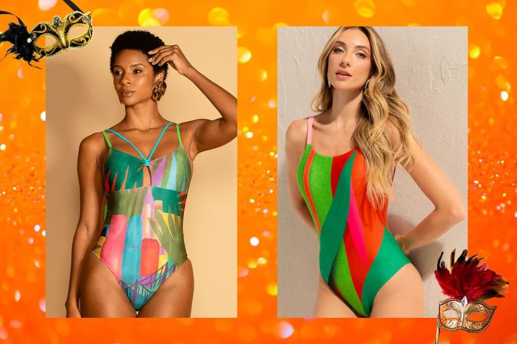 Modelos com maiôs coloridos e estilosos da De Chelles, representando opções de como se preparar para o Carnaval com peças para blocos e praia