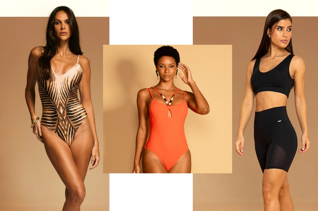 Modelos vestindo maiô, body e conjunto fitness versátil da De Chelles para guarda-roupa cápsula feminino