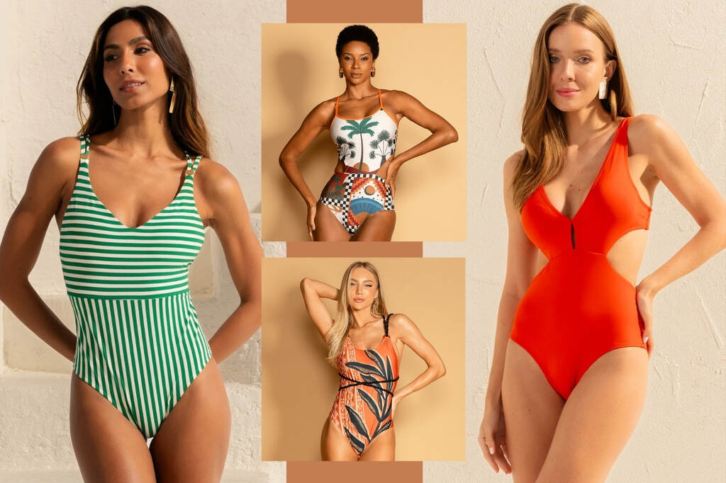 Modelos usando maiô para disfarçar a barriga da De Chlles com recortes, listras e estampas que valorizam o corpo