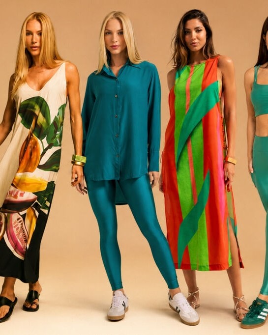 Modelos usando saída moda praia e fitness da coleção De Chelles para revenda de roupas femininas premium