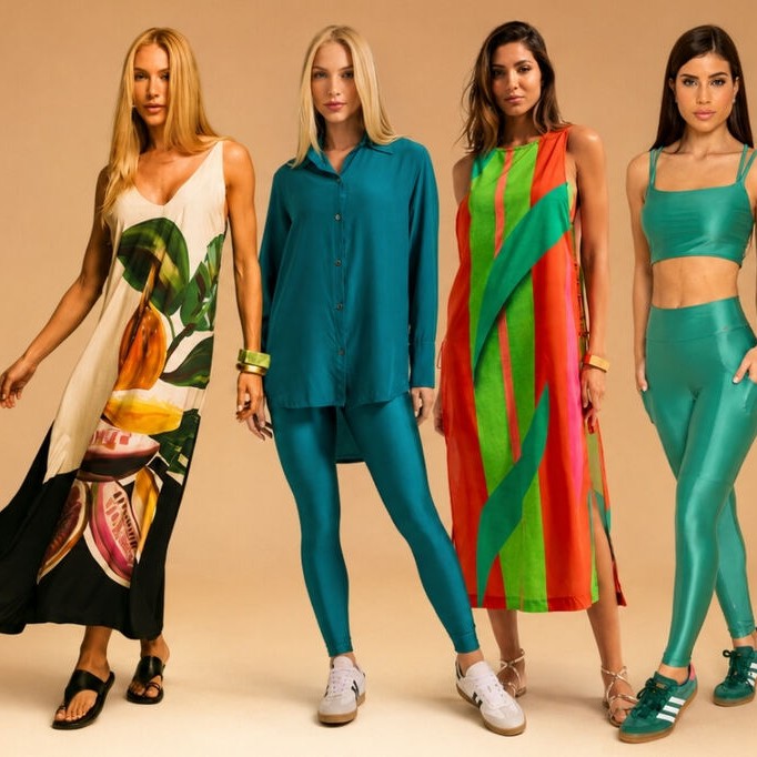 Modelos usando saída moda praia e fitness da coleção De Chelles para revenda de roupas femininas premium
