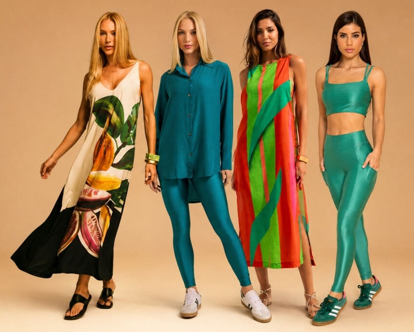 Modelos usando saída moda praia e fitness da coleção De Chelles para revenda de roupas femininas premium