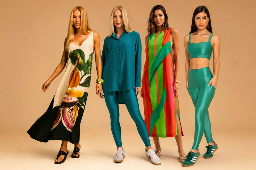 Modelos usando saída moda praia e fitness da coleção De Chelles para revenda de roupas femininas premium