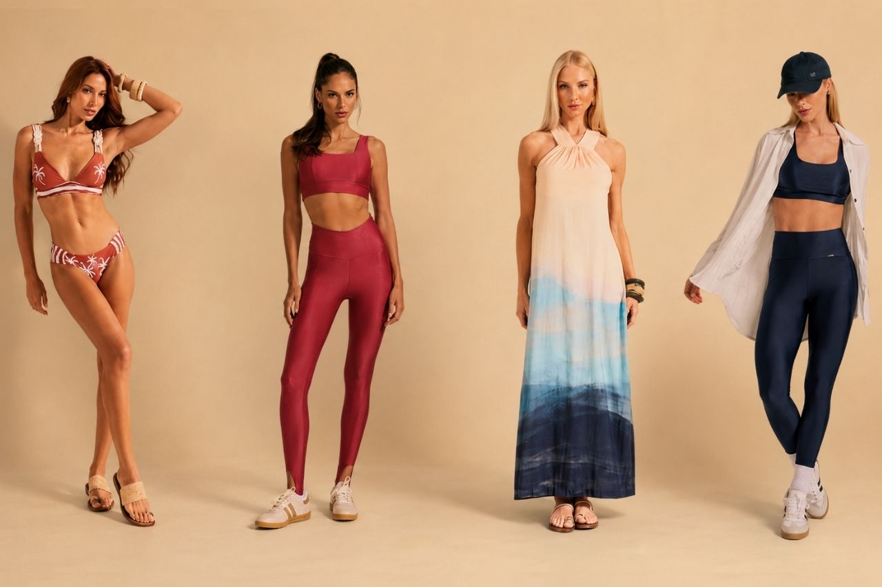 Modelos com peças De Chelles de moda praia e fitness com qualidade e conforto, que mostram como precificar roupas para revenda vai além do preço