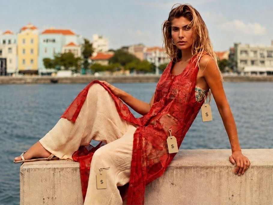 Modelo sentada em um muro pequeno com o mar e com paisagem ao fundo usando peças De Chelles com etiquetas de preço, representando como precificar roupas para revenda