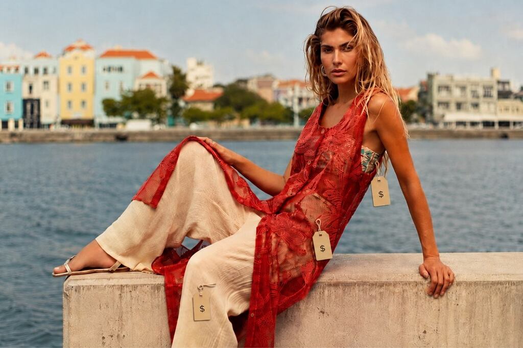 Modelo sentada em um muro pequeno com o mar e com paisagem ao fundo usando peças De Chelles com etiquetas de preço, representando como precificar roupas para revenda