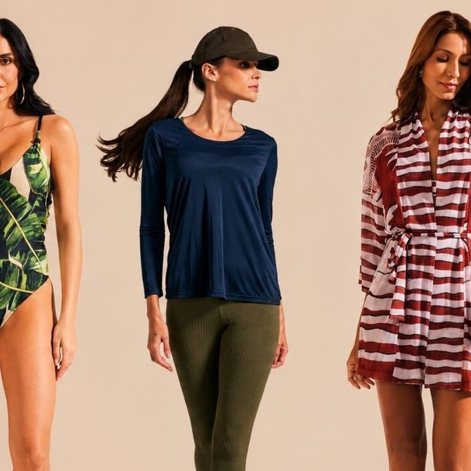 Modelos usando peças De Chelles, um dos fornecedores de roupas para revenda de moda praia e fitness premium