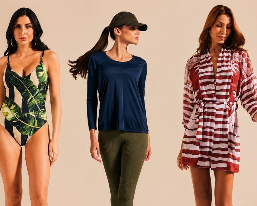 Modelos usando peças De Chelles, um dos fornecedores de roupas para revenda de moda praia e fitness premium