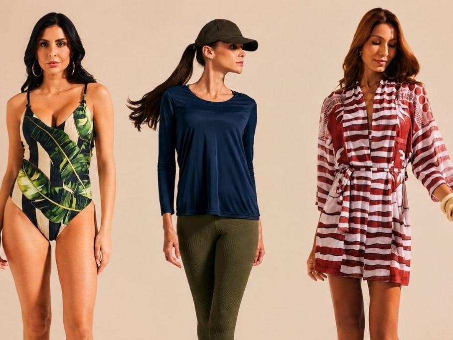 Modelos usando peças De Chelles, um dos fornecedores de roupas para revenda de moda praia e fitness premium