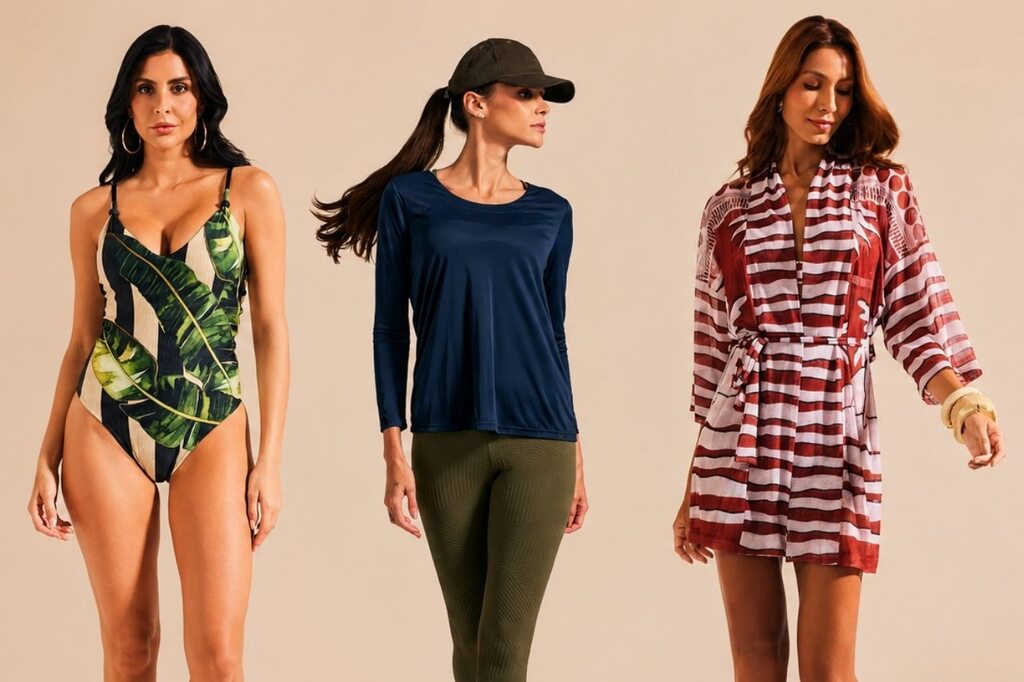 Modelos usando peças De Chelles, um dos fornecedores de roupas para revenda de moda praia e fitness premium