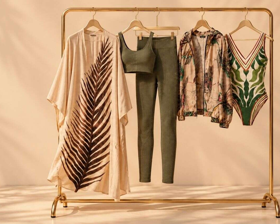 Peças de moda praia e fitness penduradas na arara para representar como lucrar com revenda ao montar um mix de produtos estratégico para a loja