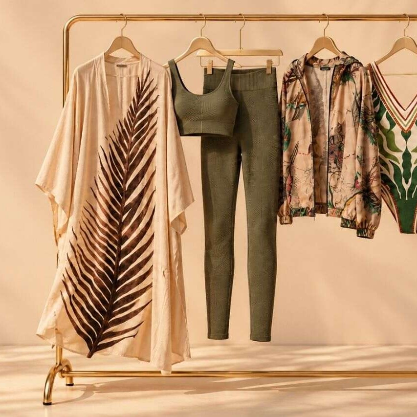 Peças de moda praia e fitness penduradas na arara para representar como lucrar com revenda ao montar um mix de produtos estratégico para a loja