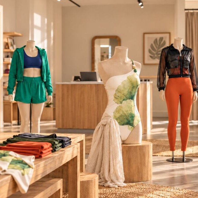 Loja com peças de moda praia e fitness estratégicas, que entram nas dicas de como vender roupas