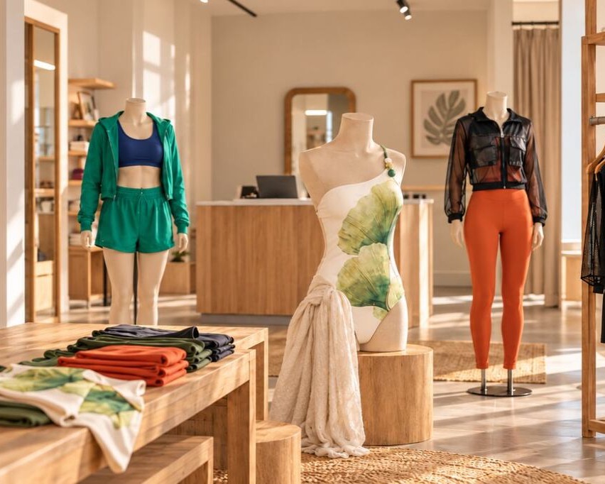 Loja com peças de moda praia e fitness estratégicas, que entram nas dicas de como vender roupas