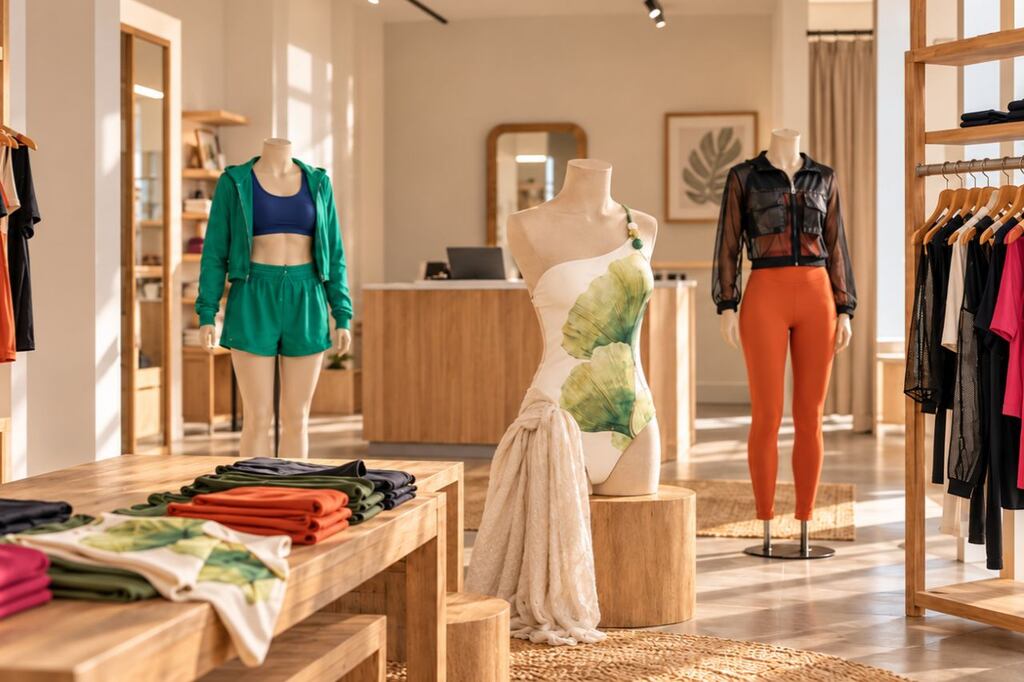 Loja com peças de moda praia e fitness estratégicas, que entram nas dicas de como vender roupas