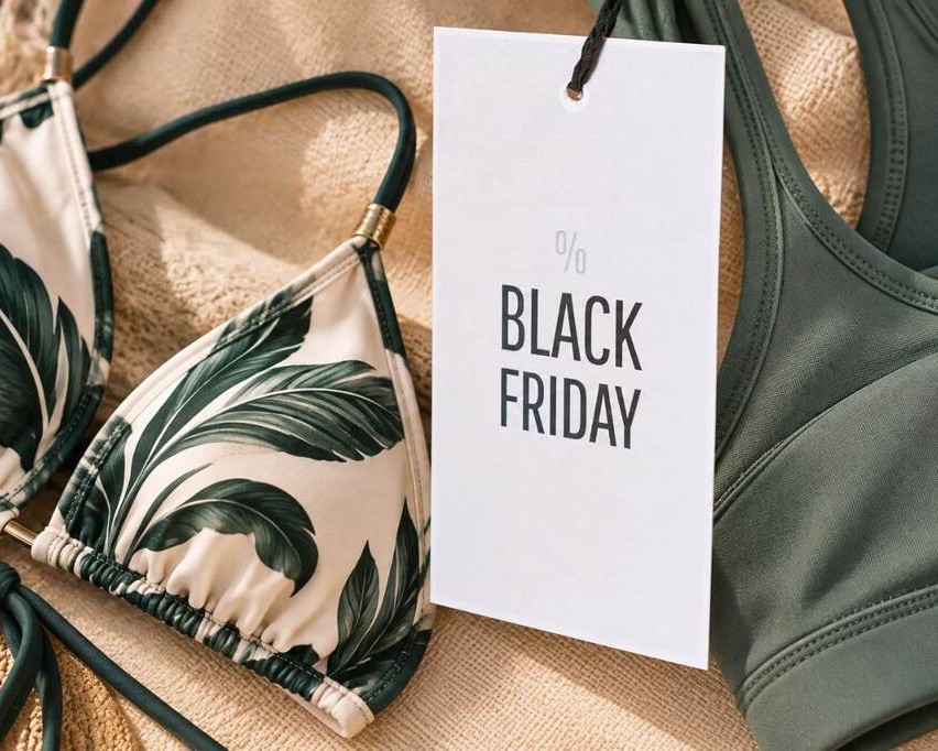 Etiqueta Black Friday ao lado de top de biquíni estampado e top fitness, opções do que comprar na Black Friday.