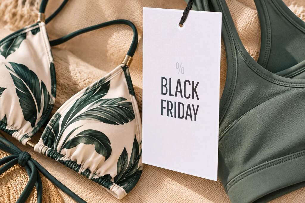 Etiqueta Black Friday ao lado de top de biquíni estampado e top fitness, opções do que comprar na Black Friday.